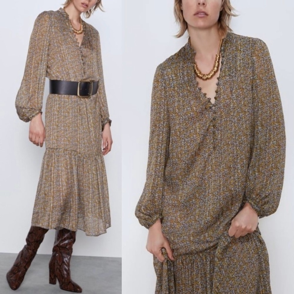 Zara Floral Print Dress Size M Balloon Sleeves Delicate Semi Sheer Lined